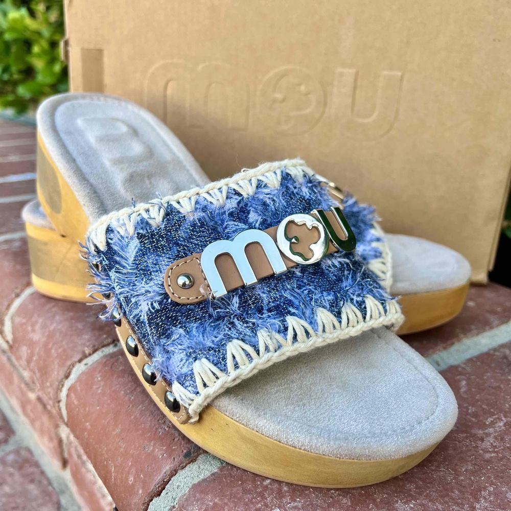 Mou Blue Denim Fringe Slide Sandals - Logo Accent